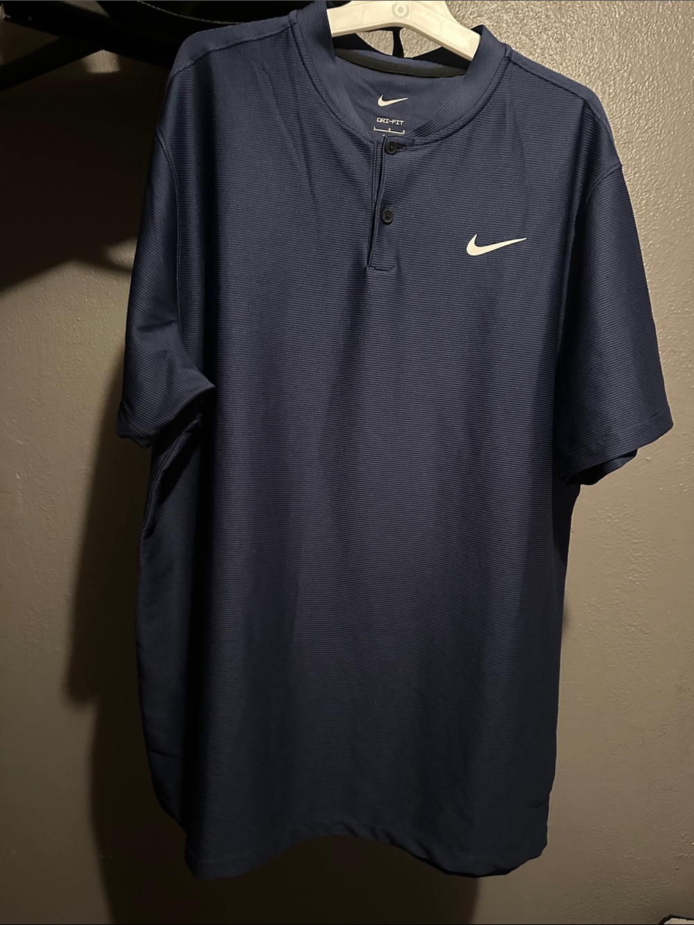 Nike Men’s Navy Blue Short-Sleeve Henley Polo with White Swoosh